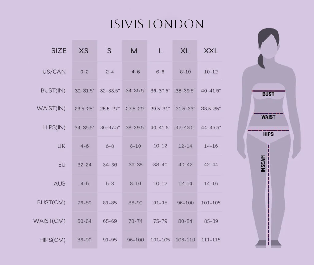Maison ISIVIS size chart showing measurements for XS through XXL across US/CAN, UK, EU, and AUS sizing